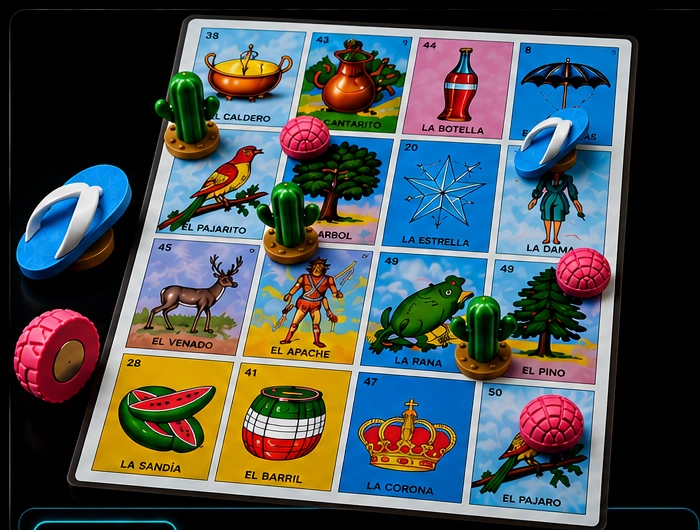Lotería play card with cactus, concha and chancla game pieces